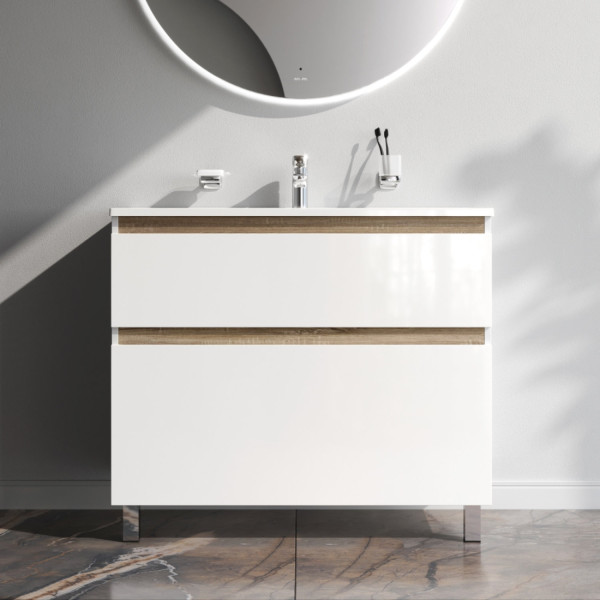 База под раковину, напольная, 100 см, 2 ящика, белый глянец. Фото 1