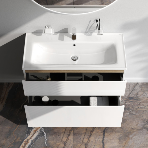 База под раковину, напольная, 100 см, 2 ящика, белый глянец. Фото 2