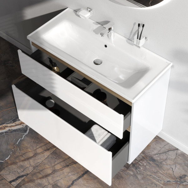 База под раковину, напольная, 100 см, 2 ящика, белый глянец. Фото 3