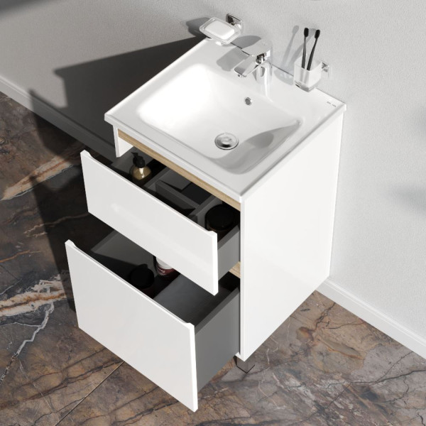 База под раковину, напольная, 50 см, 2 ящика, белый глянец. Фото 3