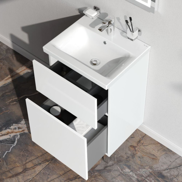 База под раковину, напольная, 50 см, 2 ящика push-to-open, белый глянец. Фото 3