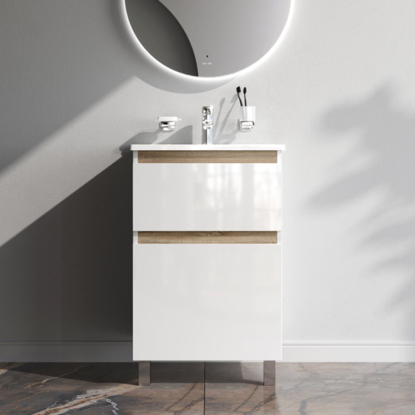 База под раковину, напольная, 55 см, 2 ящика, белый глянец. Фото 1