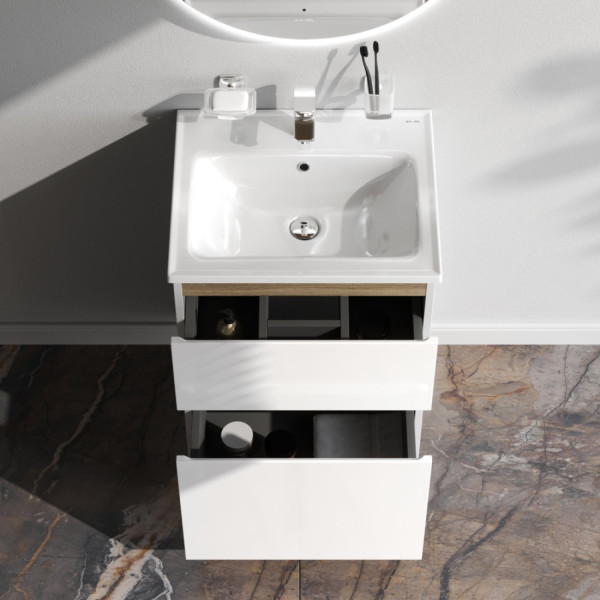 База под раковину, напольная, 55 см, 2 ящика, белый глянец. Фото 2