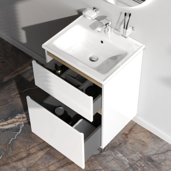 База под раковину, напольная, 55 см, 2 ящика, белый глянец. Фото 3