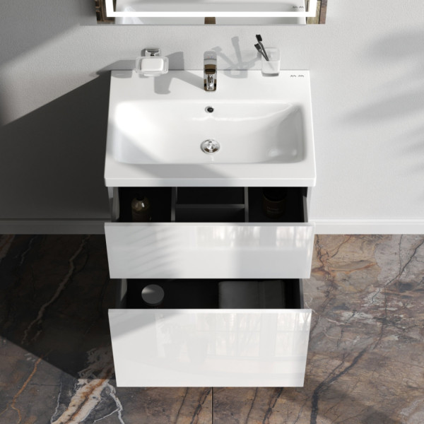 База под раковину напольная 60 см, 2 ящика, белый глянец. Фото 2