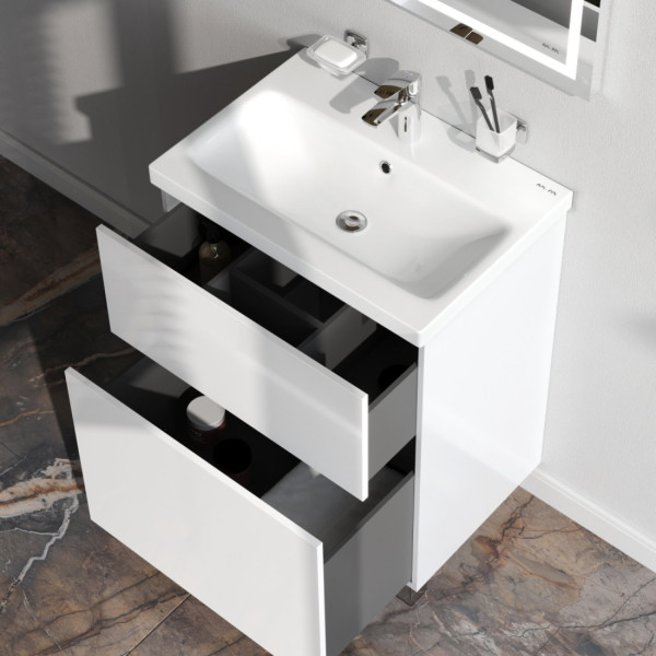 База под раковину напольная 60 см, 2 ящика, белый глянец. Фото 3