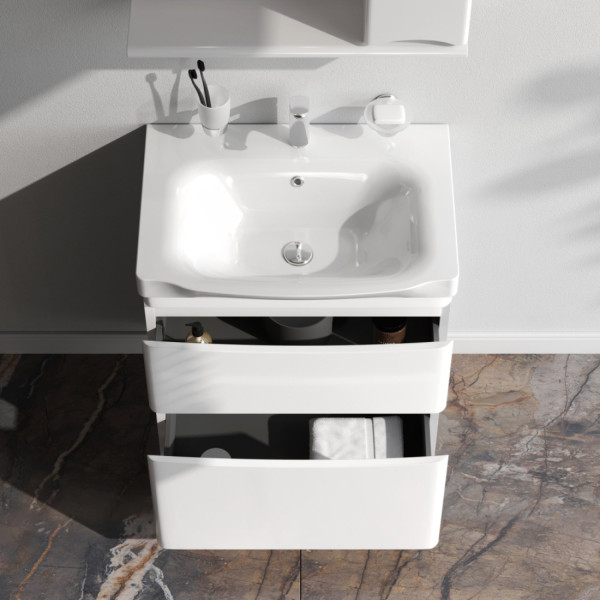 База под раковину напольная 65 см, 2 ящика, белый глянец. Фото 2