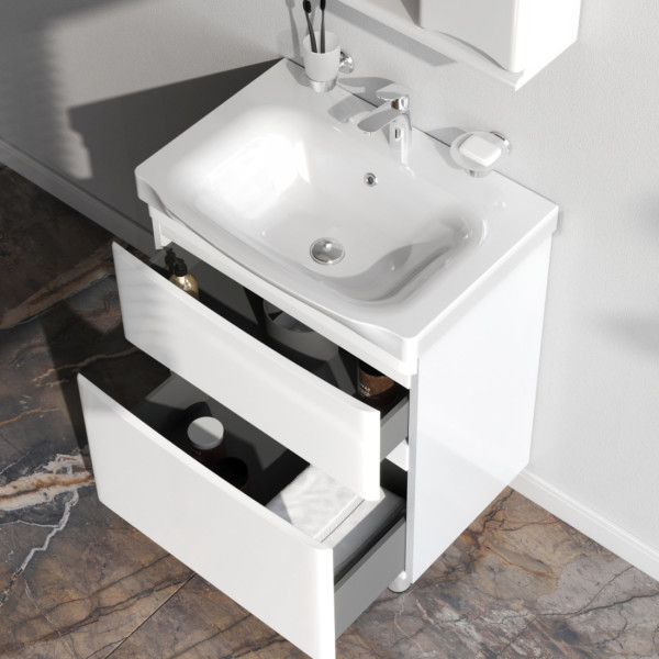 База под раковину напольная 65 см, 2 ящика, белый глянец. Фото 3
