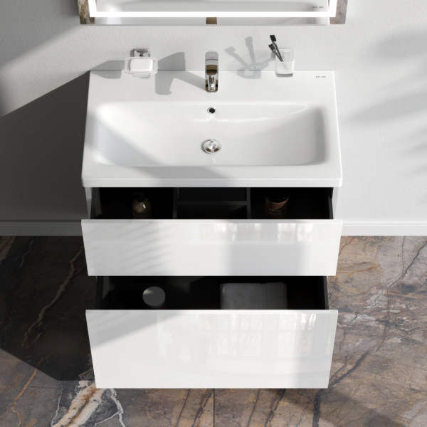 База под раковину напольная 75 см, 2 ящика, белый глянец. Фото 2