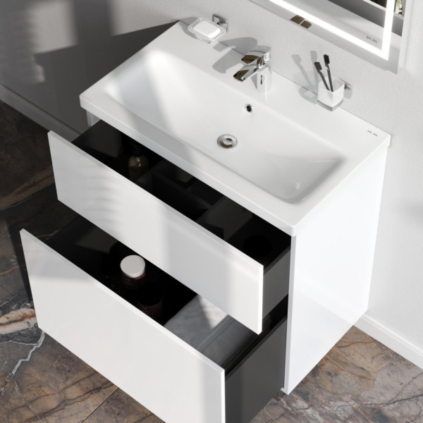 База под раковину напольная 75 см, 2 ящика, белый глянец. Фото 3