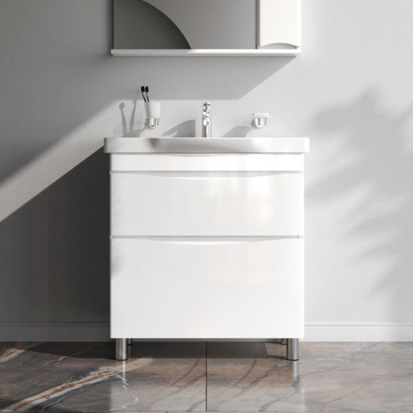 База под раковину напольная 80 см, 2 ящика, белый глянец. Фото 1