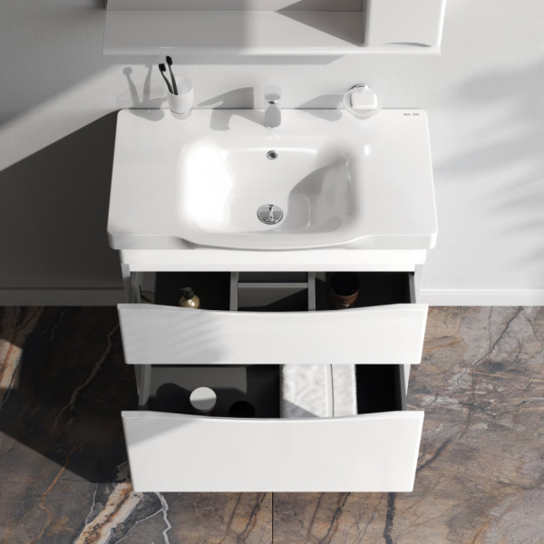 База под раковину напольная 80 см, 2 ящика, белый глянец. Фото 2