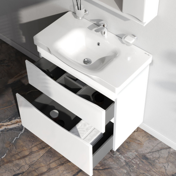 База под раковину напольная 80 см, 2 ящика, белый глянец. Фото 3