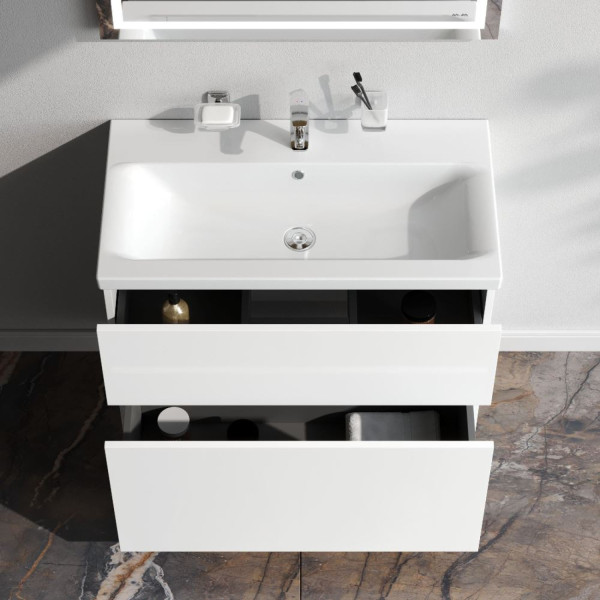 База под раковину, напольная, 80 см, 2 ящика push-to-open, белый глянец. Фото 2