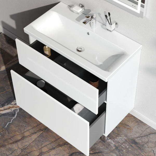 База под раковину, напольная, 80 см, 2 ящика push-to-open, белый глянец. Фото 3
