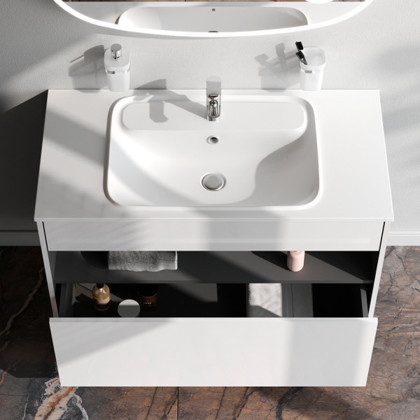 База под раковину с нишей и 1 ящиком, 100 см, белый глянец, универсальная. Фото 2