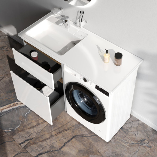 База под столешницу для стиральной машины, напольная, 60 см, 2 ящика, белый глянец. Фото 3