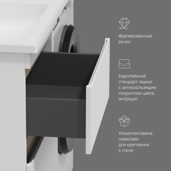 База под столешницу для стиральной машины, напольная, 60 см, 2 ящика, белый глянец. Фото 6