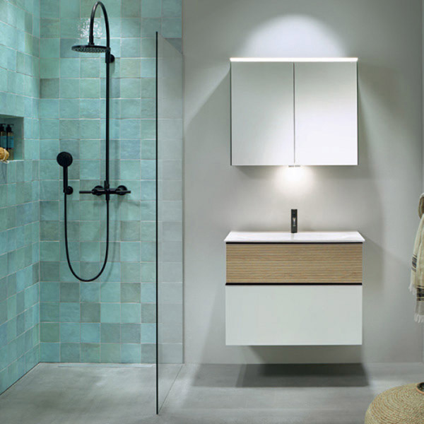 База с раковиной с 1 отв под смес 820х490х610 мм , верхний ящик в цвете FOT45, нижний ящик и база цвет F3956, ручки G0200 белый матовый. Фото 1