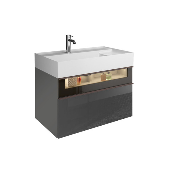 База с умыв с 1 отв. 815х470х480 мм. 2 выдв ящика, аллюм рамка,вставка из дымч стекла, светодиодн. подсв. умыва-ка,цвет F3194 серый глянц. Фото 1