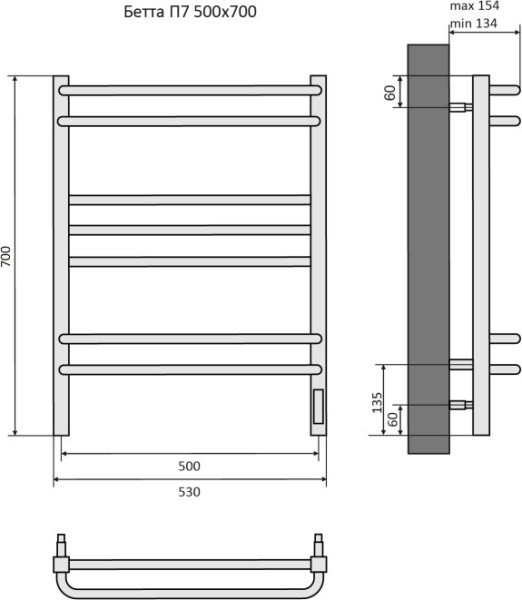 Бетта П7 500х700 электрический (quick touch) Полотенцесушитель Aquatek (черный муар). Фото 4