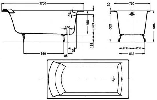 BIOVE E2930-S-00 Baнна 170 x 75 cм без отверстий для ручек БЕЗ АНТИСКОЛЬЗЯЩЕГО ПОКРЫТИЯ. Фото 2