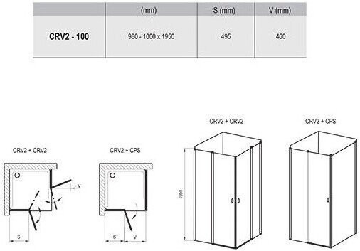 CRV2-100 дверь CHROME для комбинации с дверью или стенкой блестящий+стекло Transparent.. Фото 4