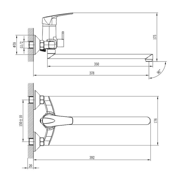 D40-32 Смеситель одноручный (40 мм) для ванны, с плоским изливом 350 мм, дивертор с керамическими пл. Фото 2