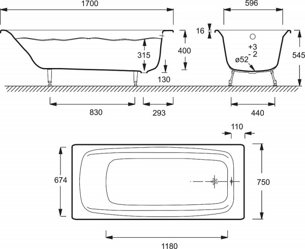 DIAPASON E2937-S-00 Ванна 170 х 75 см без отверстий для ручек БЕЗ АНТИСКОЛЬЗЯЩЕГО ПОКРЫТИЯ. Фото 2