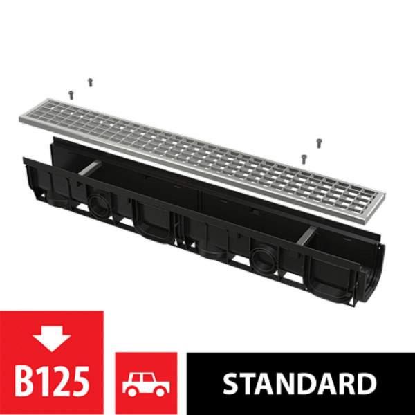 Дренажный канал 100 мм с интегрированной пластиковой рамой и оцинкованной решеткой, арт. AVZ102-R103. Фото 1
