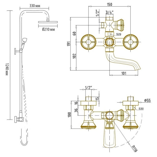 Душевая система Bronze de Luxe ROYAL 10121DF, бронза. Фото 2