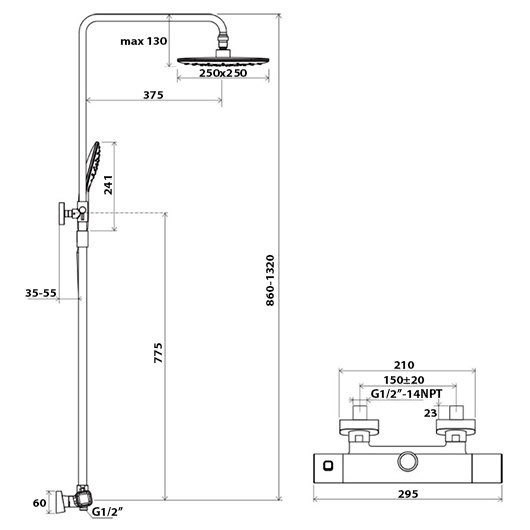 Душевая стойка с термостатическим смесителем и ручным душем TD F 091.20/150 черный. Фото 3