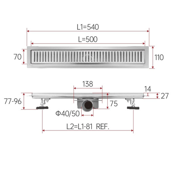 Душевой лоток с решеткой 50 см FASHUN A535005, сатин. Фото 2