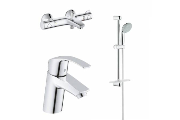 Душевой набор GROHE: смеситель для раковины, термостатический смеситель для ванны, душевой гарнитур, хром (124422). Фото 1