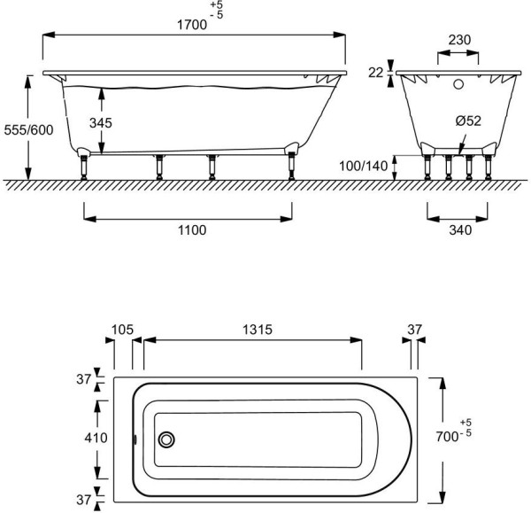 E6D151-00 ODEON RIVE GAUCHE Прямоугольная ванна 170 x 70 см из материала Flight. Регулируемые по высоте ножки в комплекте.. Фото 2
