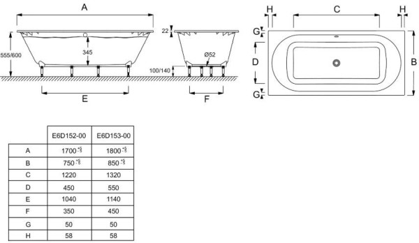 E6D152-00 Прямоугольная ванна 170 x 75 см из материала Flight, ножки в комплекте. Фото 3