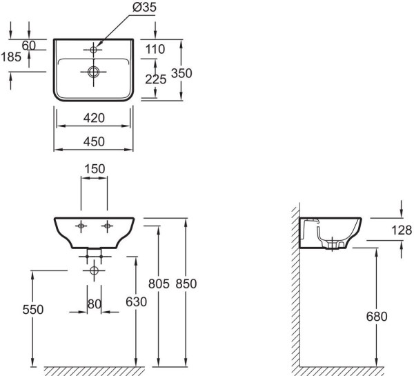 EGH112-00 Рукомойник 45x35 с отв.для смесителя,сл.пер.,белый. Фото 2