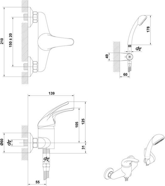 G3935900 Alea смеситель для душа с душевым набором. Фото 3