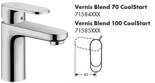 HG 71 585 000 Vernis Blend Смеситель для раковины 88 мм, со сливным гарнитуром, CoolStart, 5 л/мин. Фото 1