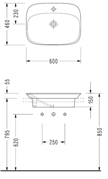 HR30TXS110H HERA раковина для установки в столешницу 46х60 см, с отверстием под смеситель, Serel. Фото 2