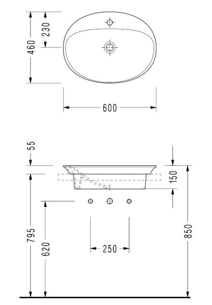 HR34TXS110H HERA овальная раковина для установки в столешницу 46х60 см, с отверстием под смеситель, Serel. Фото 2