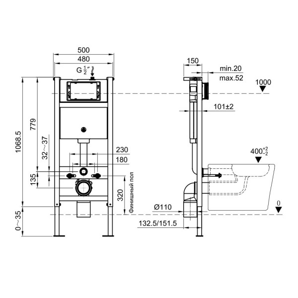 Инсталляция для подвесного унитаза Olive s M48010, 48 см. Фото 2