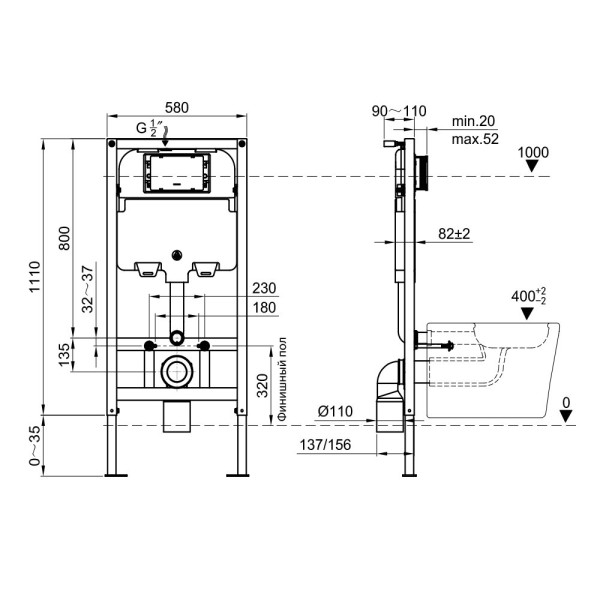 Инсталляция для подвесного унитаза Olive s M58008, 50 см. Фото 2