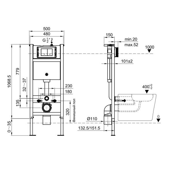 Инсталляция Olive s для подвесного унитаза с белой клавишей смыва M48010-PR412W. Фото 2