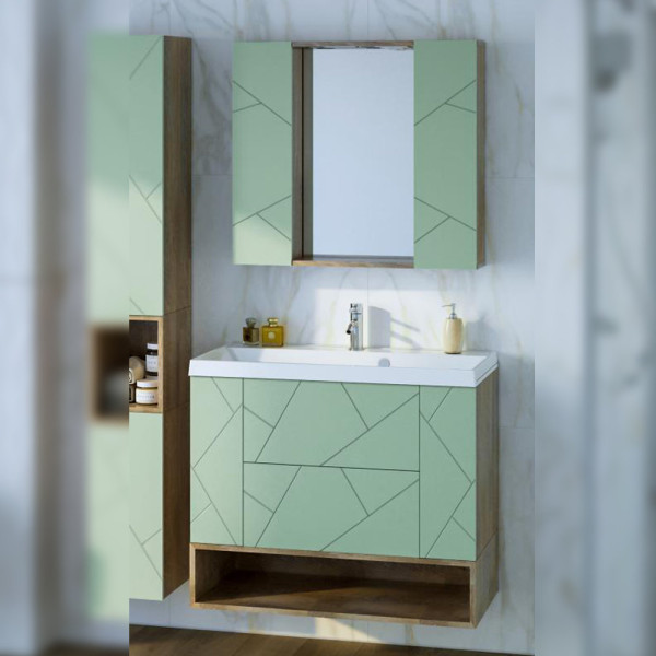 Комплект мебели для ванной Бриклаер КРИСТАЛЛ 90ZF, фисташковый/дуб гранж песочный. Фото 1