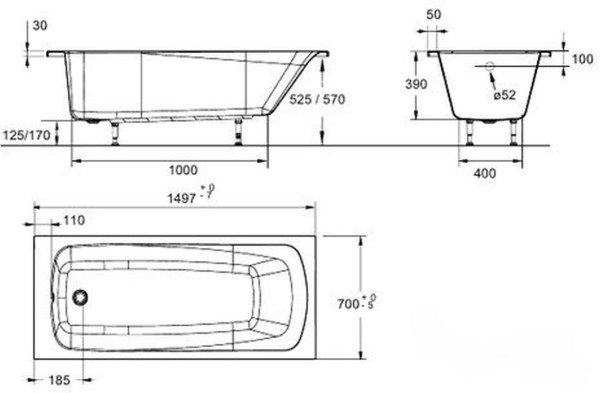 Комплект Patio E6810RU-01 прямоугольная ванна 150*70 + Patio E6121RU-01 фронтальная панель для ванны 150*70 с крепежом. Фото 2