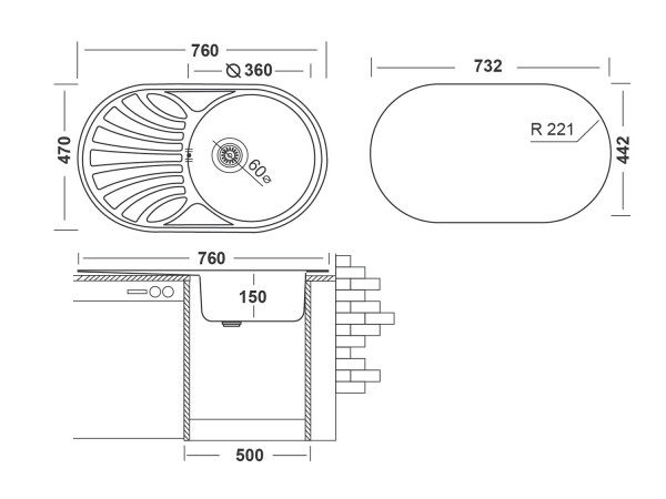 Кухонная мойка UKINOX Фаворит FAD760.470 -GT6K 2L, 47*76. Фото 2