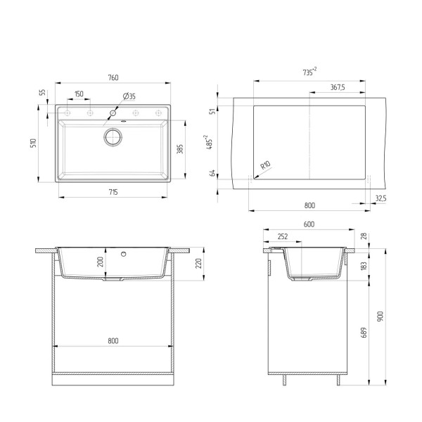 Кухонная мойка Ulgran Quartz Forte 760-10, песок. Фото 2