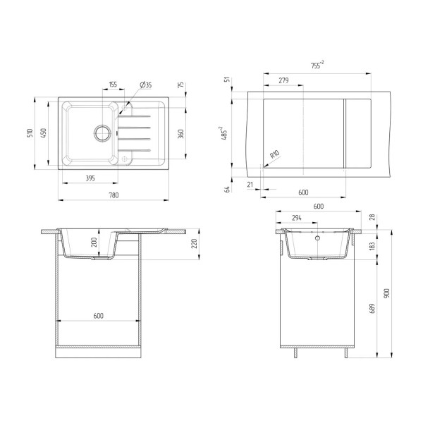 Кухонная мойка Ulgran Quartz Gerda 780-09, асфальт. Фото 2