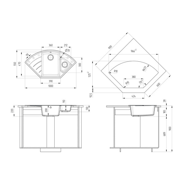 Кухонная мойка Ulgran Quartz Marta 1000-07, уголь. Фото 2